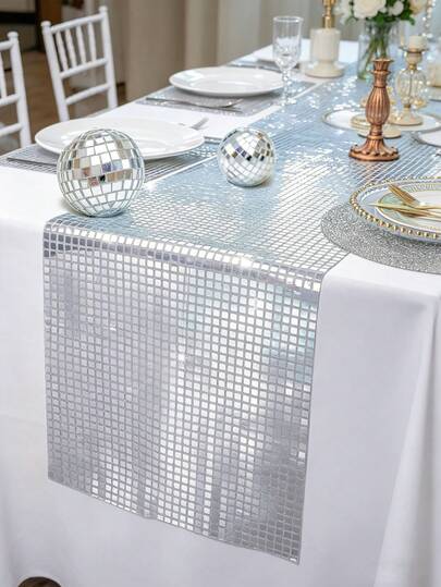 1pc Shiny Disco Tablecloth, Sequin Disco Tablecloth, Glittering Disco Tablecloth, Mirror Silver Disco Party Tablecloth, Sparkling Sequin Disco Tablecloth, Suitable For 70s And 80s Themed Birthday Party, Retro Home Party Table Decor, Kitchen Table Decor, Girls Wedding Party Table Decor. Disco Party Table, Chair Decoration, Bar Party Supplies.