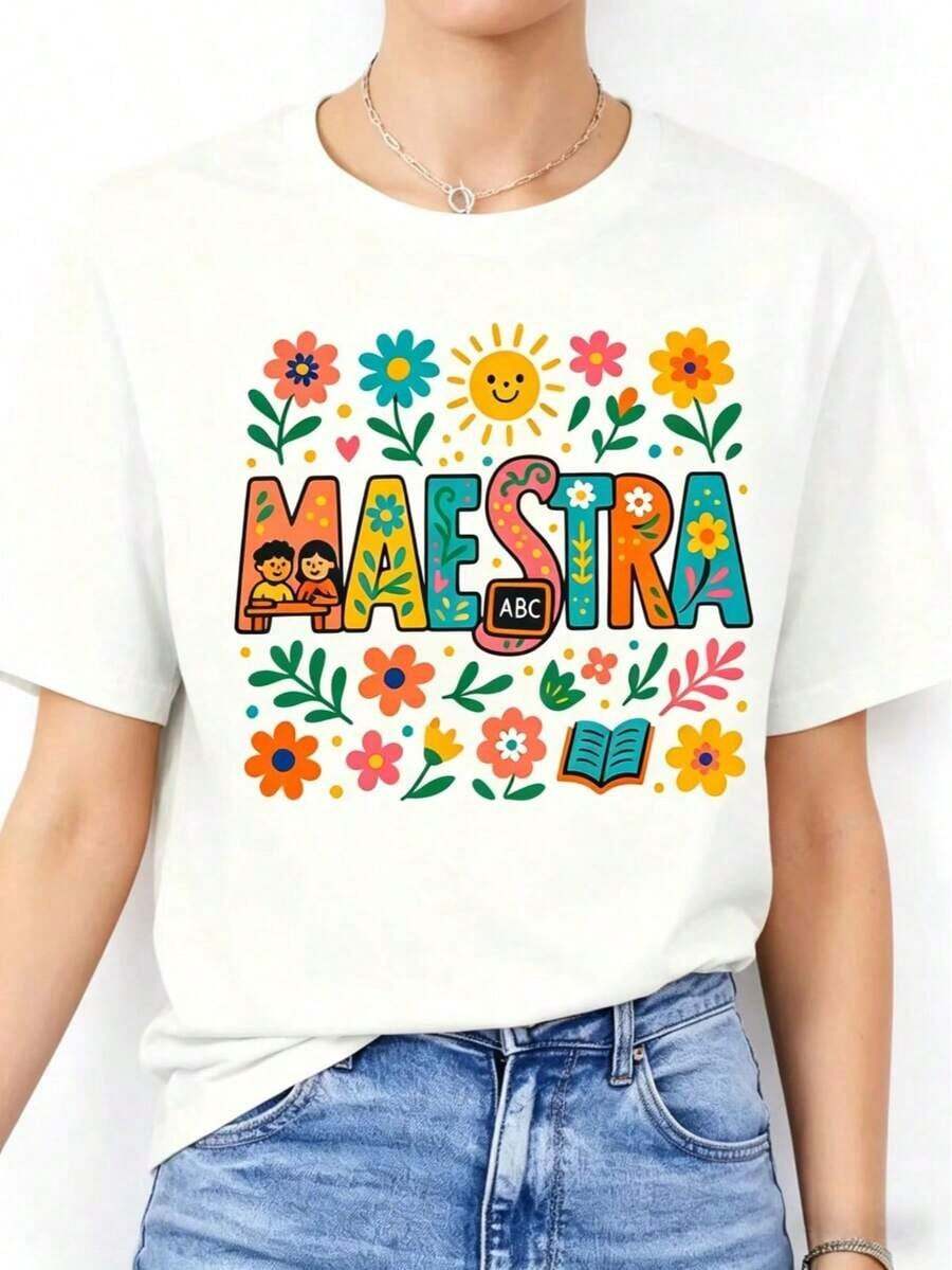 2026 | 1 Women's T-Shirt 100% Breathable Cotton | Vibrant Graphic "Teacher" T-Shirt For Women - Colorful Floral And Sun Design, Casual Short Sleeve Crew Neck Top For Spring/Summer, Light Purple With Blue Lettering, Perfect For Teachers Or Educators, Casual Wear | Playful Design | Medium Stretch Fabric - Ideal For Summer - 白色 - 查看 1
