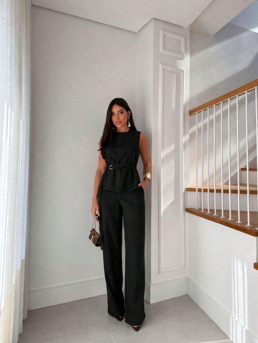 Women's Premium Tailored Set Eden Sleeveless Blouse + Elegant Wide-Leg Pants – ALKABBANY Casual Fabric Composite With Belt Tailored Sets Evening Wedding Office Street Autumn Winter - 黑色 - 查看 1