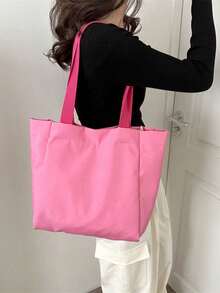 Dopamine Solid Color New Minimalist Large Capacity Glossy Shoulder Tote Bag, Personalized Soft Surface Commuter Handbag - Pink - View 7