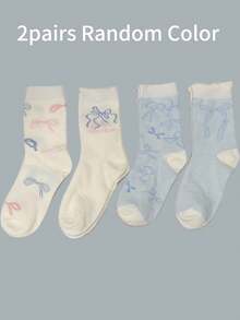 2 Pairs Bow Print Mid-Calf Socks, Sweet Ruffled Breathable Comfortable Casual Socks For Summer, Suitable For Girls - Multicolor - View 7