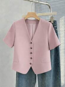 Women's Casual Lightweight Single-Breasted Short Fitted Jacket With Lining, Spring/Summer - Dusty Pink - View 3