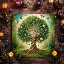 1PC Exquisite Tree Of Life Tarot Tablecloth, Colorful Polyester Altar Mat, Celestial Floral Design For Tarot Reading, Witchcraft - Multicolor - View 4