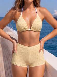 Conjunto de bikini 2026 de verano para mujer con parte superior de triángulo con copas y estampado de cuadros en color amarillo claro, calzones clásicos retro elegantes con estampado de cuadros, conjunto de 2 piezas con decoración de cuentas de colores lindos, adecuado para la playa, vacaciones, fotografía en la playa - Multicolor - Ver 7