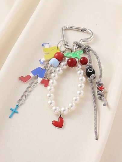 1 chiếc móc khóa túi đính ngọc trai dễ thương, hình trái tim, quả anh đào, nhân vật hoạt hình, thánh giá, ngôi sao, phụ kiện đa năng phù hợp cho nữ sinh và học sinh.