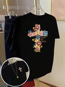 Women's T-Shirt With Front And Back Print, "Flower Of Faith" And "Walk By Faith" Graphic, Women's Round Neck Top, Fashionable, Casual, Short Sleeves, Suitable For All Seasons And Daily Use, Fun Printed Design, Top Summer. - Black - View 2