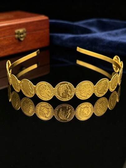 1pc Vintage Luxury Women's Headband, Coin Shaped Napoleon Portrait Carving, Gold Plated, Jewelry Hair Accessory For Women's Holiday Party