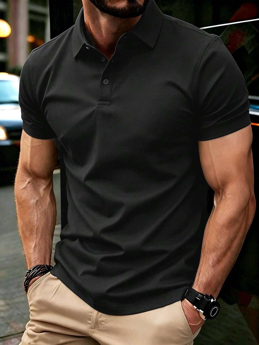 WASSUP OTHER 男士衬衫，男士宽松轻薄商务Polo衫，时尚针织衫，休闲T恤，翻领上衣，短袖 - 黑色 - 查看 1