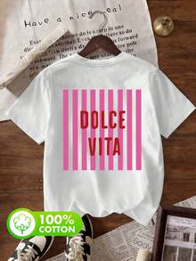 大码女式街头风 100% 纯棉 Dolce Vita 字母印花和粉色条纹图案圆领短袖休闲夏季女式白色上衣 T 恤 - 白色 - 查看 2