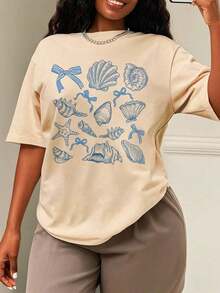 Mens Clothes;Summer TopsEveryday Plus Size Style, Aesthetic Seashell Shirt, Vintage Coastal T-Shirt With Bow & Starfish Graphic, Summer Vacation Gift, Retro Summer Shirt, Beach Shirt, Coquette Bow Shirt, Coquette SeaShell Shirt,Made To Highlight Curves In A Smooth, Comfortable, And Confidence-Boosting Waysummer Outfits - 杏色 - 查看 8
