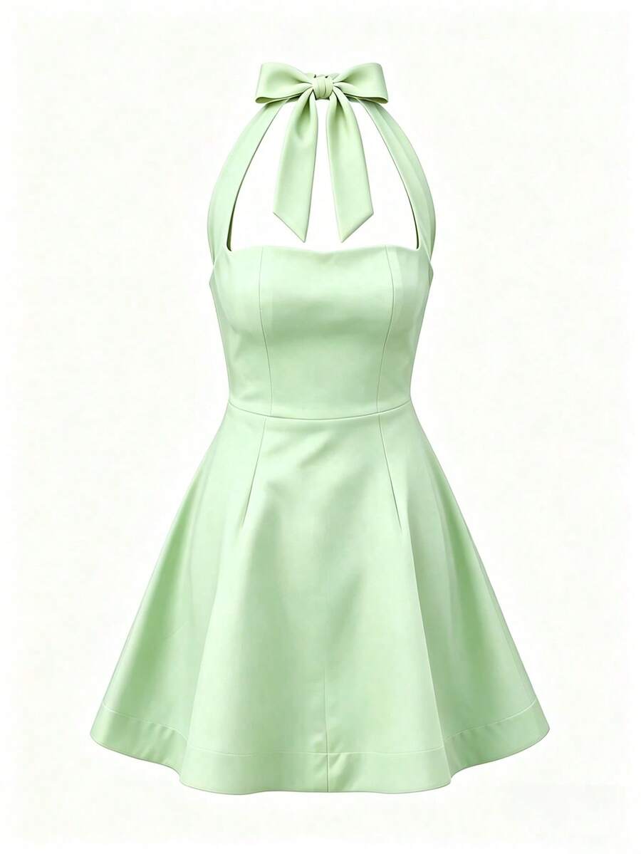 Women's Halter Neck Cinched Waist Casual Dress, Vacation & Commute Friendly, Spring/Summer - Green - View 1