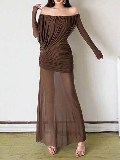 Shimmering Brown Sexy Ruched Off-Shoulder Long Sleeve Semi-Sheer Party Dress For Women