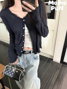 春夏 柔らか薄手カットカーディガン  肌触り快適 薄手 アウター 可愛い レース編み トップス 紫外線対策 カーディガン 着痩せ 百掛け シャツ 冷房対策 通勤 通学 ビーチ 海辺 デート カジュアル    ボタンフロント    デイリー  学校 - ネイビーブルー - チェックする 13