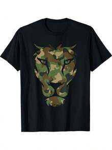 This T-Shirt Features A Camouflage Lion Design In Shades Of Green, Brown, Beige, Gray, And Black. It's Ideal For Casual Outdoor Activities And Makes A Great Gift For Dads. Suitable For Parties, Beach Outings, And Sports, Plus Sizes Available. - 黑色 - 查看 1