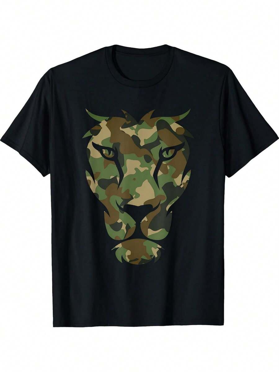 This T-Shirt Features A Camouflage Lion Design In Shades Of Green, Brown, Beige, Gray, And Black. It's Ideal For Casual Outdoor Activities And Makes A Great Gift For Dads. Suitable For Parties, Beach Outings, And Sports, Plus Sizes Available. - 黑色 - 查看 1