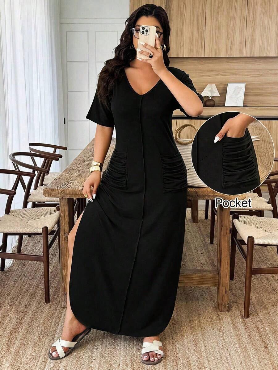 Weeklong Vestido de punto casual con cuello en V, rayas, bolsillos dobles, plisado y bajo con abertura para mujer talla grande, primavera/verano - Negro - Ver 1