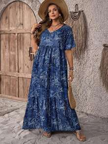 Vestido con estampado floral de talla grande, estilo casual de vacaciones - Azul - Ver 5