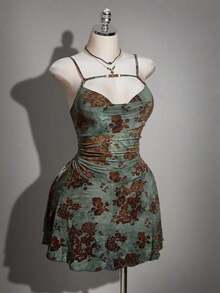 ICON Vestido con cuello en V profundo con decoración de cuentas y efecto flockado en estilo retro Y2K de talla grande, vestido con tirantes en estilo chino vintage con cuello en V profundo, adecuado para citas, banquetes, vacaciones y fiestas - Multicolor - Ver 7