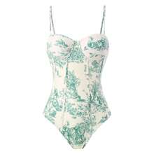 Elegant Boho Women's One-Piece Swimsuit Toile Pattern Corset Style Bathing Suit, Spaghetti Strap, Slight Stretch Fabric - Svart solobadräkt - Visa 7
