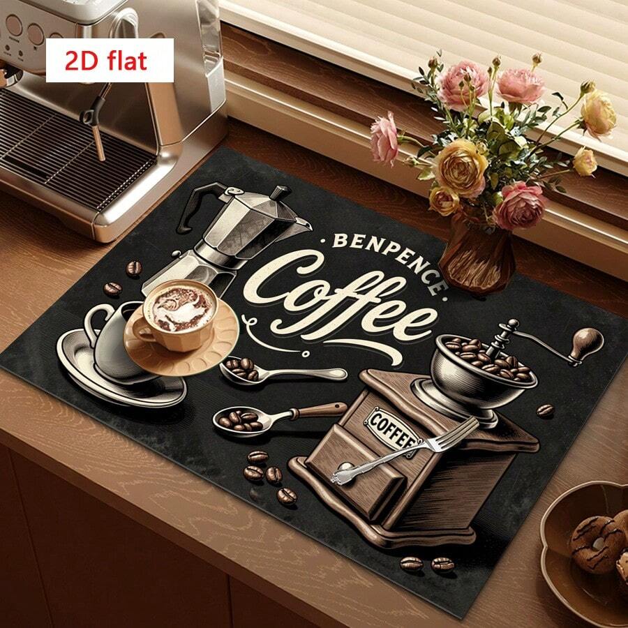 1 tấm lót chén đĩa họa tiết máy xay cà phê và tách trà cổ điển, phong cách quán cà phê retro, màu đen và xám, thấm hút tốt, đa năng, quà tặng gia đình, trang trí bàn ăn.