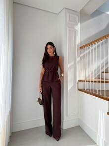Women's Premium Tailored Set Eden Sleeveless Blouse + Elegant Wide-Leg Pants – ALKABBANY Casual Fabric Composite With Belt Tailored Sets Evening Wedding Office Street Autumn Winter - 瓦 - 查看 2