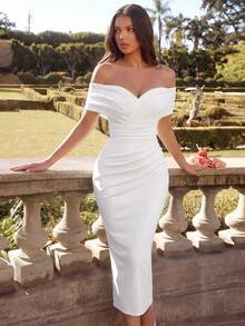 ADYCE Elegant Pleated High Waist Slit Midi Dress, Suitable For Parties, Birthdays, Galas, Dates, Weddings, And Other Formal Occasions Party White - White - View 3