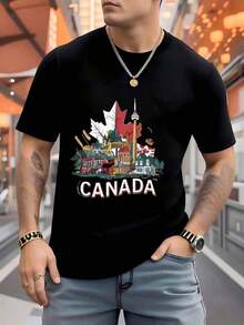 100% Pure Cotton, Men's Casual T-Shirt With Cultural Symbol Print (Canadian Maple Leaf, CN Tower Flag), Loose Fit, Comfortable And Breathable, Summer Fashion, Suitable For Daily And Outdoor Wear, Casual Attire - 黑色 - 查看 1