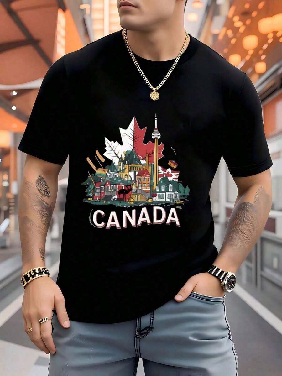 100% Pure Cotton, Men's Casual T-Shirt With Cultural Symbol Print (Canadian Maple Leaf, CN Tower Flag), Loose Fit, Comfortable And Breathable, Summer Fashion, Suitable For Daily And Outdoor Wear, Casual Attire - 黑色 - 查看 1