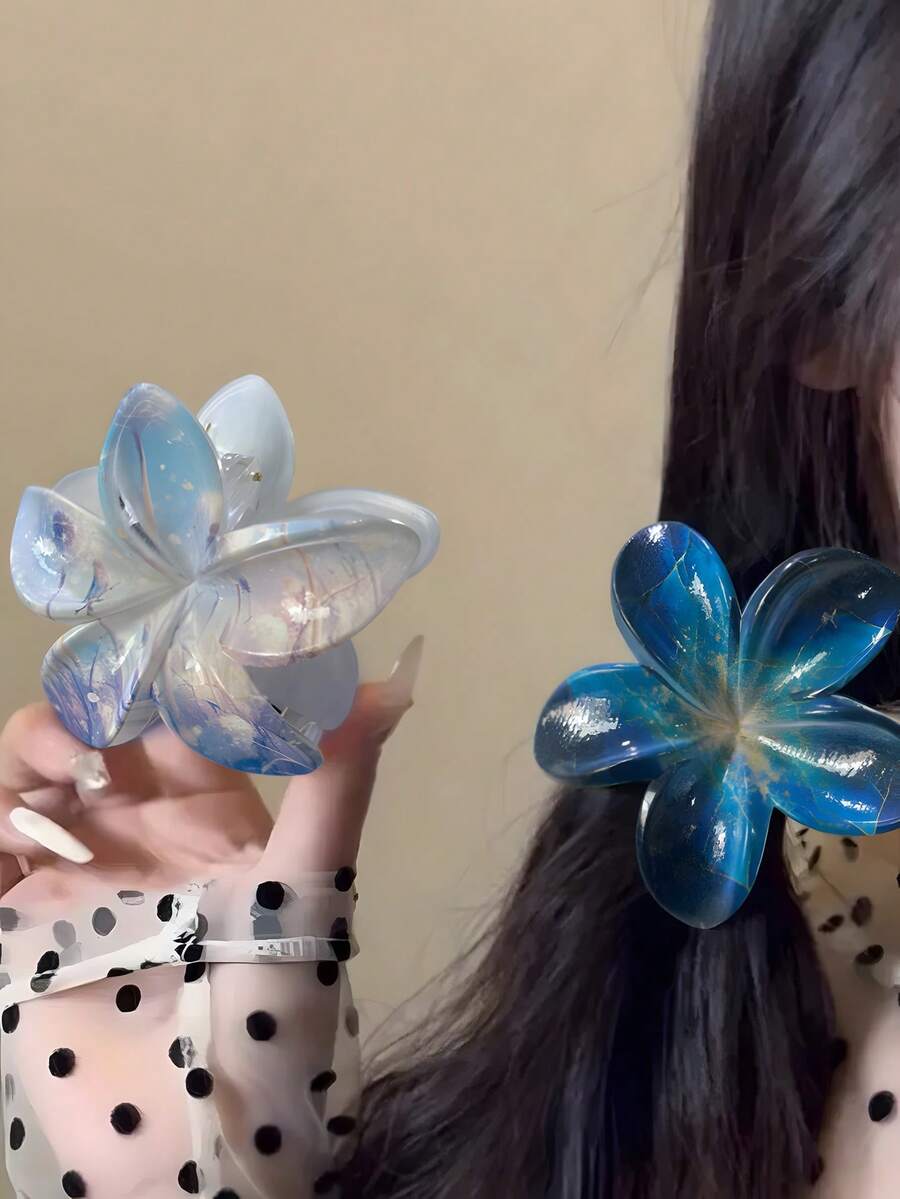 2件套渐变鸡蛋花发夹，高抓力防滑蓝色扎染设计，时尚海滩度假风发饰 - 彩色 - 查看 1
