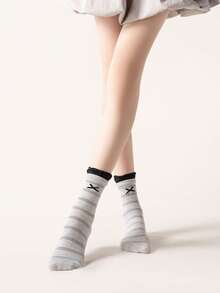 5 Pairs Women's Cotton Boat Socks, Cute Bow Striped Print, Casual Office School All-Season Comfortable Socks - Multicolor - View 4