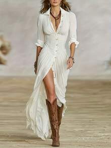 Women's New Spring-Summer Fashion Elegant Solid Color Collared Pleated Button Long-Sleeve Shirt Dress, Suitable For Suburban Travel, Dates, Parties, And Everyday Wear - Coffee - View 7