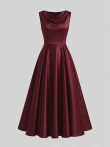 Vestido de mujer de satén burdeos, elegante y de moda, vestido de fiesta sin mangas con cuello de volantes para el verano - Burdeos - Ver 5