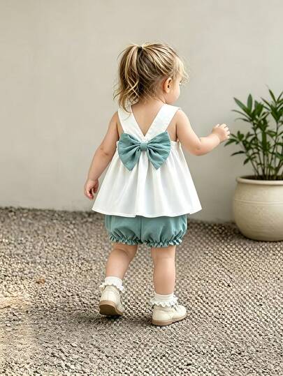 2pcs/Set Baby Girls' Cute Bowknot Decor Camisole & Solid Color Ruffle Hem Shorts Set, Summer