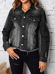 Women's Casual Short Denim Jacket, Faded Black Wash, Long Sleeves, Button Front Closure, Pockets And Frayed Hem Detail, Perfect For An Autumn Grunge Look. - 黑色 - 查看 1