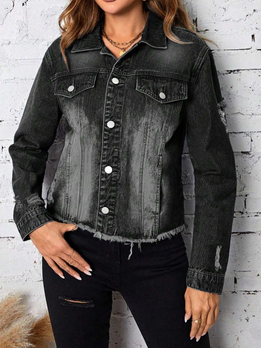 Women's Casual Short Denim Jacket, Faded Black Wash, Long Sleeves, Button Front Closure, Pockets And Frayed Hem Detail, Perfect For An Autumn Grunge Look. - 黑色 - 查看 1