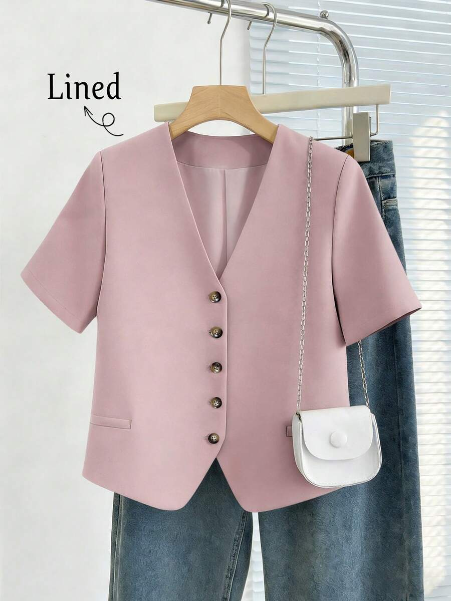 Women's Casual Lightweight Single-Breasted Short Fitted Jacket With Lining, Spring/Summer - Dusty Pink - View 1