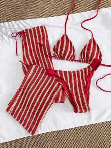 3 piezas Conjunto de bikini de punto a rayas sexy - Top triangular + Bottom de cintura baja + Pantalones de pierna ancha ajustables| Traje de baño de vacaciones en la playa retro Verano Rojo - Rojo - Ver 7