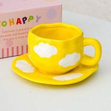 2件套（1个杯子和1个碟子）陶瓷咖啡杯碟套装，适用于家庭厨房、餐厅、客厅，可作为礼物，饮用茶、咖啡、牛奶、果汁，也可用于婚礼、派对、生日等场合。 - 彩色 - 查看 6