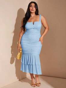 Vestido midi ajustado con cuello en V, volantes y pliegues para mujer de talla grande, vestido de fiesta para vacaciones - Verde - Ver 11