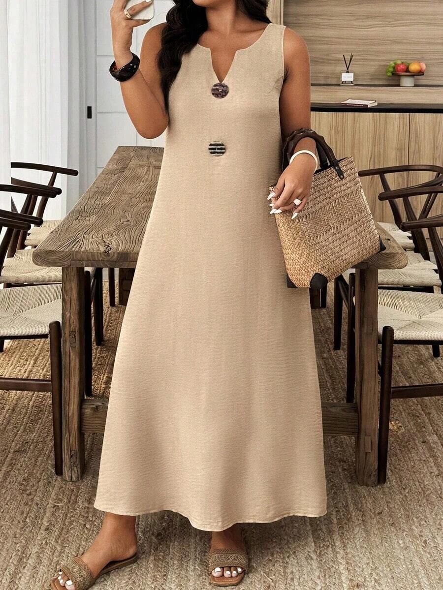 Weeklong Vestido casual de verano de talla grande con cuello con muesca y decoración de botones en unicolor - Albaricoque - Ver 1