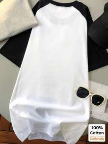 Women's Summer Letter Print Raglan Short Sleeve Mid-Length T-Shirt, Stylish And Fashionable Black And White Casual Top - Black and White - View 4