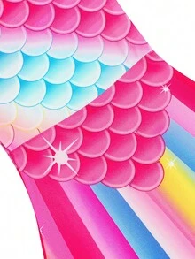3pcs Girls Mermaid Bikini Set, Patchwork Fish Scale Strap Triangle Bottoms, Rainbow Print Swimwear - Hot Pink - View 8