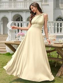 Volly Toych Gaun Bridesmaid Formal Elegan Berlipit Chiffon Warna Champagne, Cocok untuk Tamu Pernikahan di Musim Semi - Sampanye - View 6
