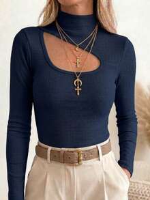 LI STORES Women's Ribbed Plain Brown Blouse, Premium Solid Cutout Blouse, Winter Fashion, Casual, Basic, Elegant. - Navy Blue - View 1
