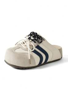 Retro Backless Slip-On Shoes, Lace-Up, Platform Wedge, Fashion, Comfortable & Versatile, Suitable For Casual Daily Wear In Summer - Black and White - View 8