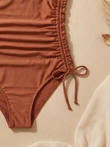 Traje de baño de una pieza elegante de color caramelo para mujer, con escote cuadrado + diseño de cordón doble, y tela brillante, esencial para vacaciones de verano, estilizador y favorecedor en la playa - Naranja Quemada - Ver 5