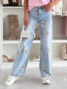 Women's Casual Long Floral Print Jeans, Botanical Leaf Pattern, Straight Leg With Pockets Spring - Light Wash - View 2
