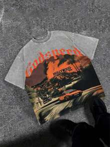 Break The SystemMen's Washed Vintage Crewneck T-Shirt, 100% Cotton 180GSM, Godspeed Highway Car Print, Retro Faded Style, American Streetwear, - 灰色 - 查看 13