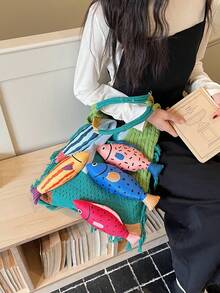 1pc Colorblock Fish Design Large Capacity Shoulder Tote Bag, Fashionable Crochet Bag, Bohemian Style Beach Vacation Daily Use For Women - Green - View 7