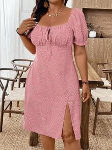 Vestido casual de mujer talla grande con estampado de lunares y manga abullonada con nudo delantero - Rosa - Ver 3